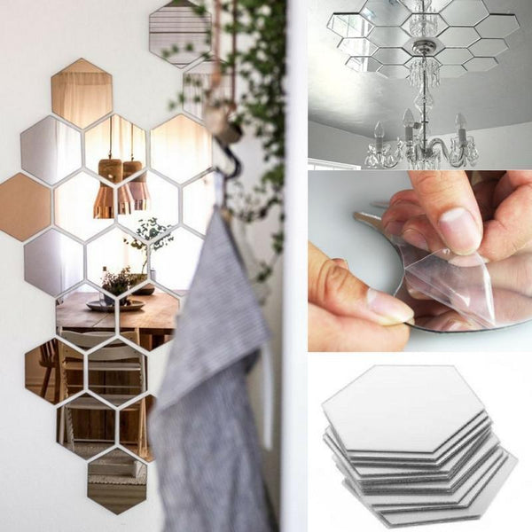 12 Pcs Hexagonal Shape Self-Adhesive Mirror Stickers - DIY Your